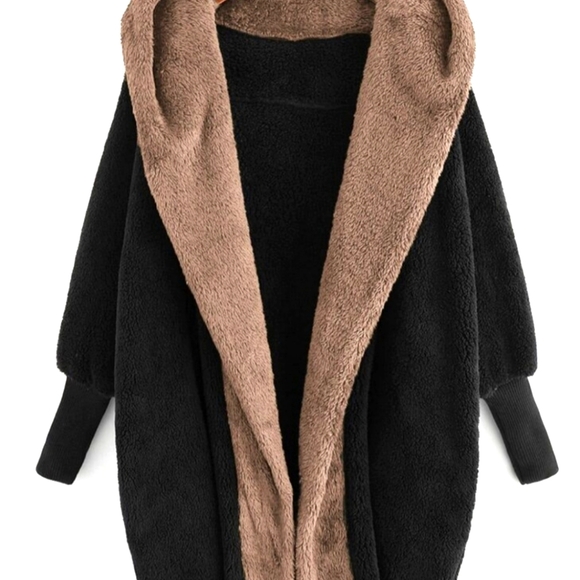 Emery Rose : Black and Tan Open Front Fuzzy Hooded Teddy Sweater Jacket XL - Picture 2 of 7